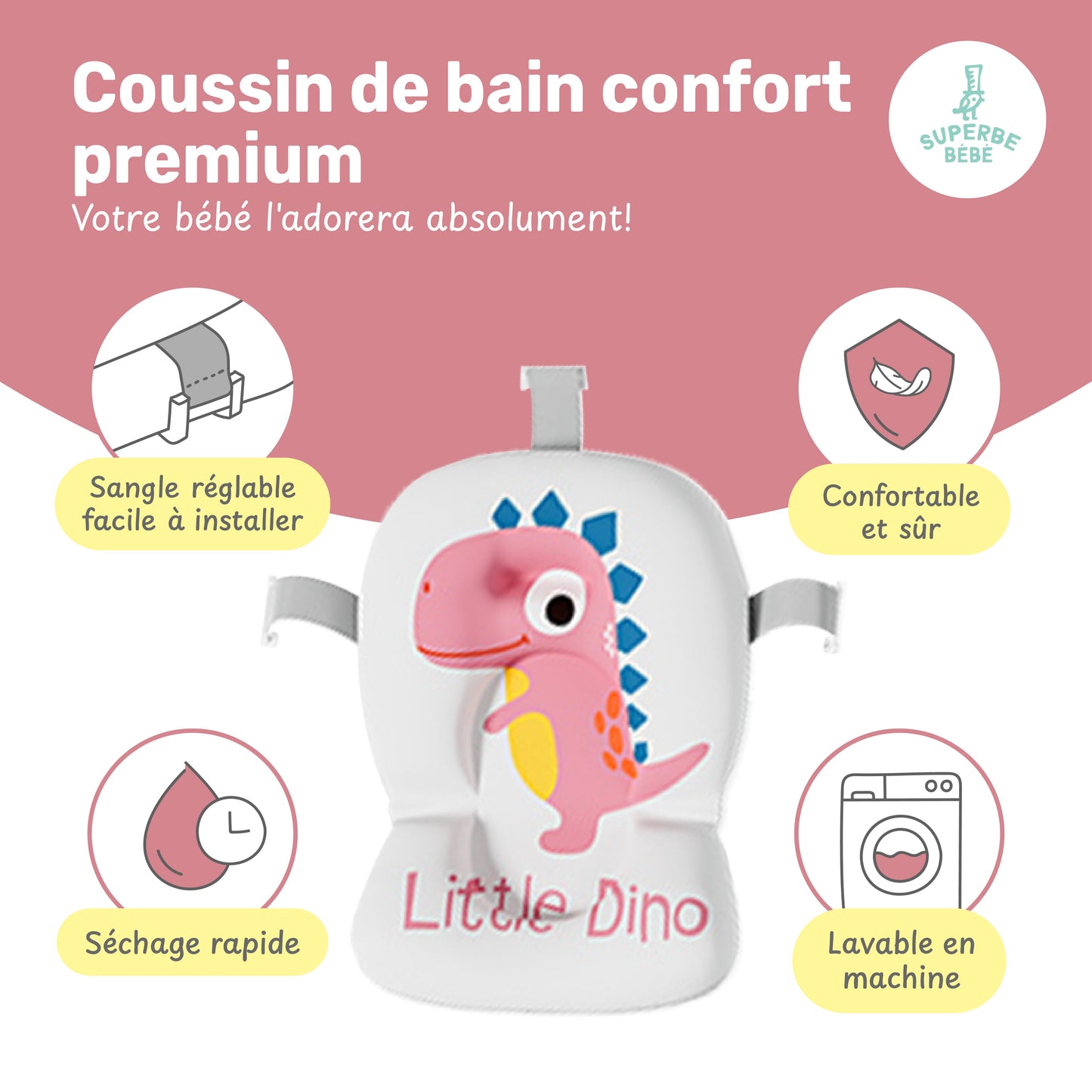 Baignoire bébé pliable compacte DINO – Coussin & thermomètre inclus