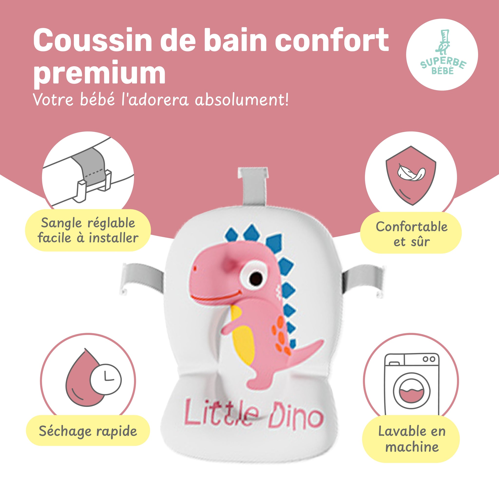 Baignoire bébé pliable compacte DINO – Coussin & thermomètre inclus