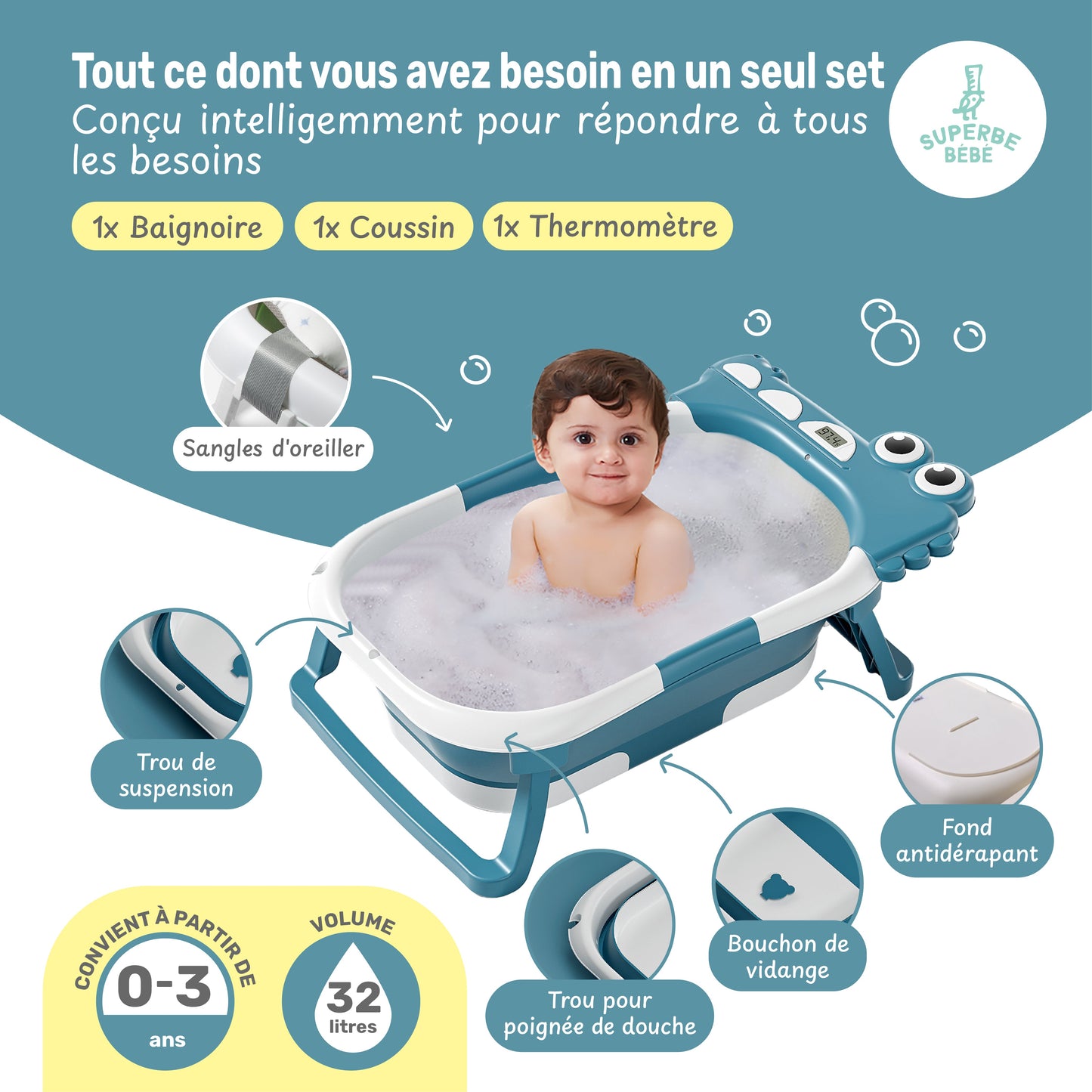 Baignoire bébé pliable compacte DINO – Coussin & thermomètre inclus