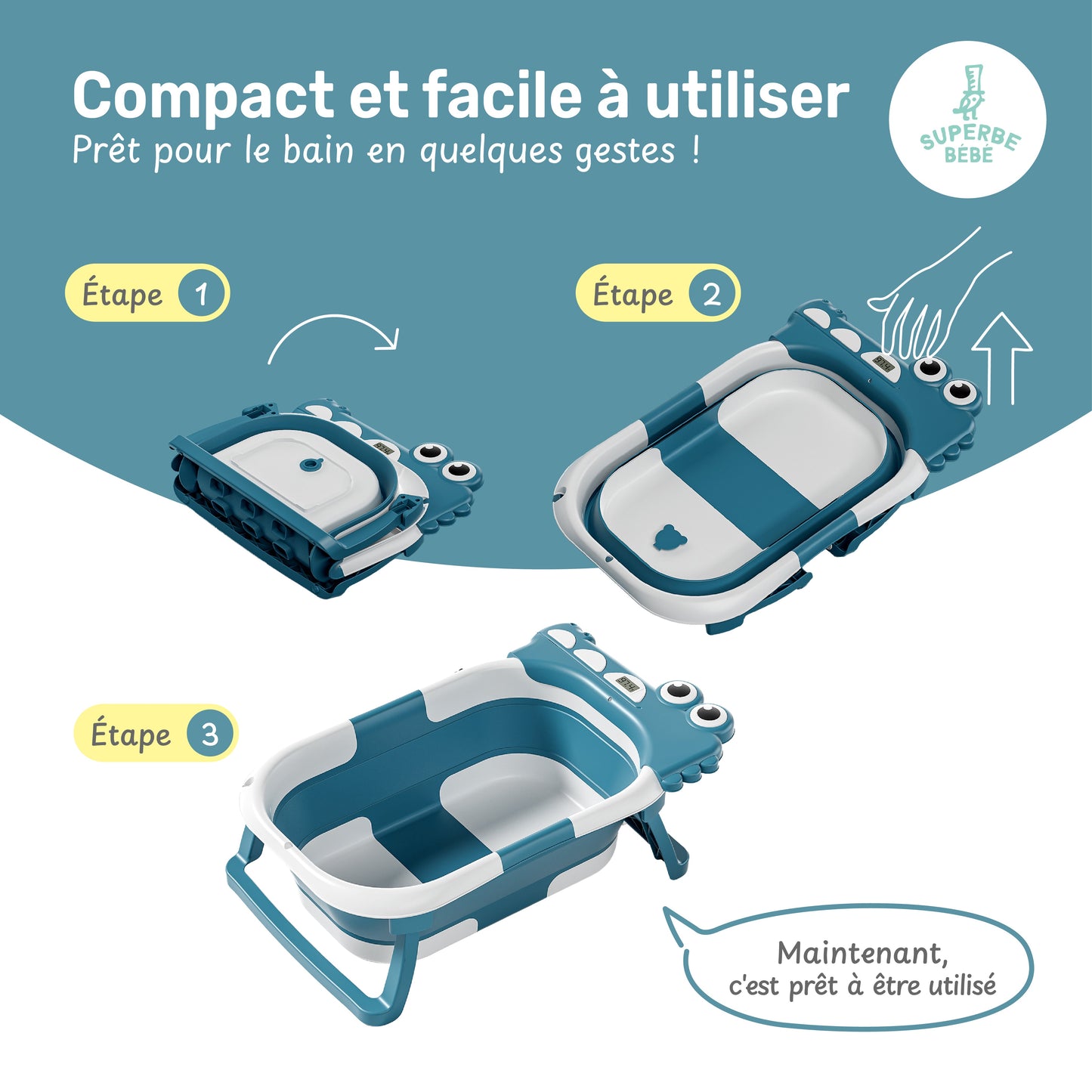 Baignoire bébé pliable compacte DINO – Coussin & thermomètre inclus