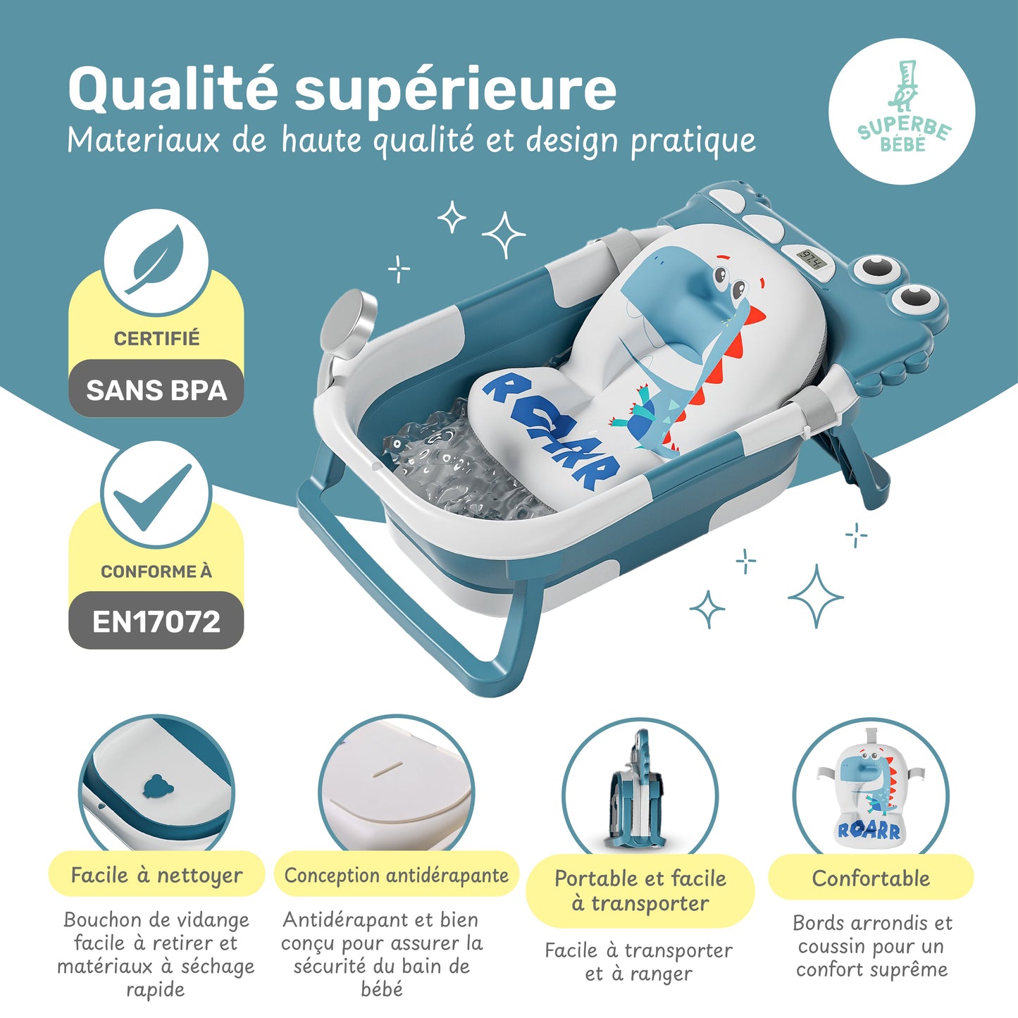 Baignoire bébé pliable compacte DINO – Coussin & thermomètre inclus