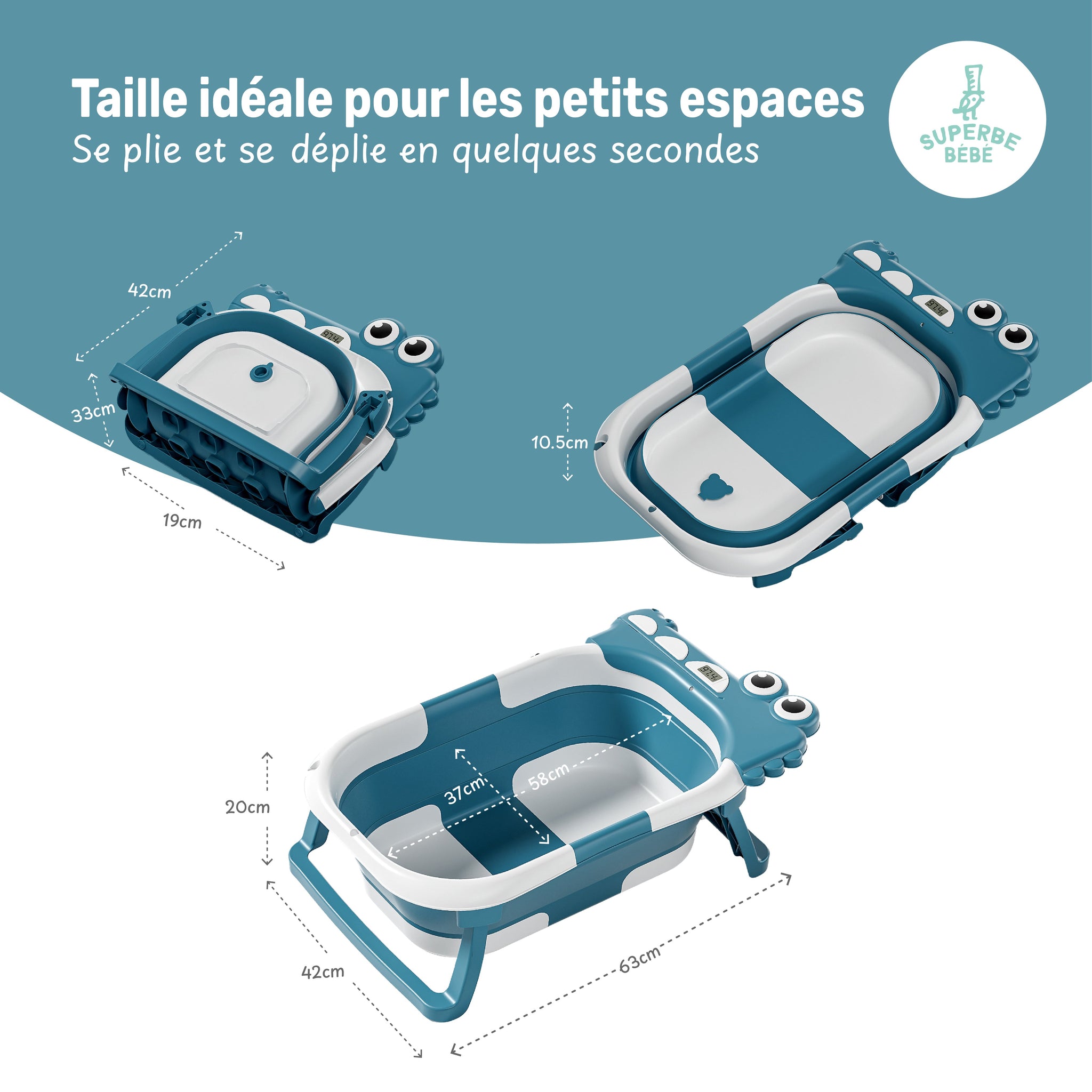 Baignoire bébé pliable compacte DINO – Coussin & thermomètre inclus