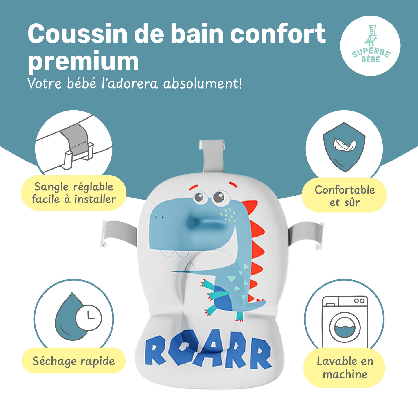 Baignoire bébé pliable compacte DINO – Coussin & thermomètre inclus