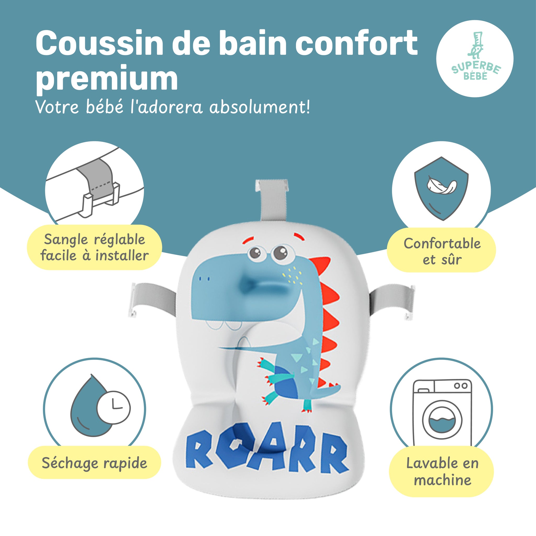 Baignoire bébé pliable compacte DINO – Coussin & thermomètre inclus