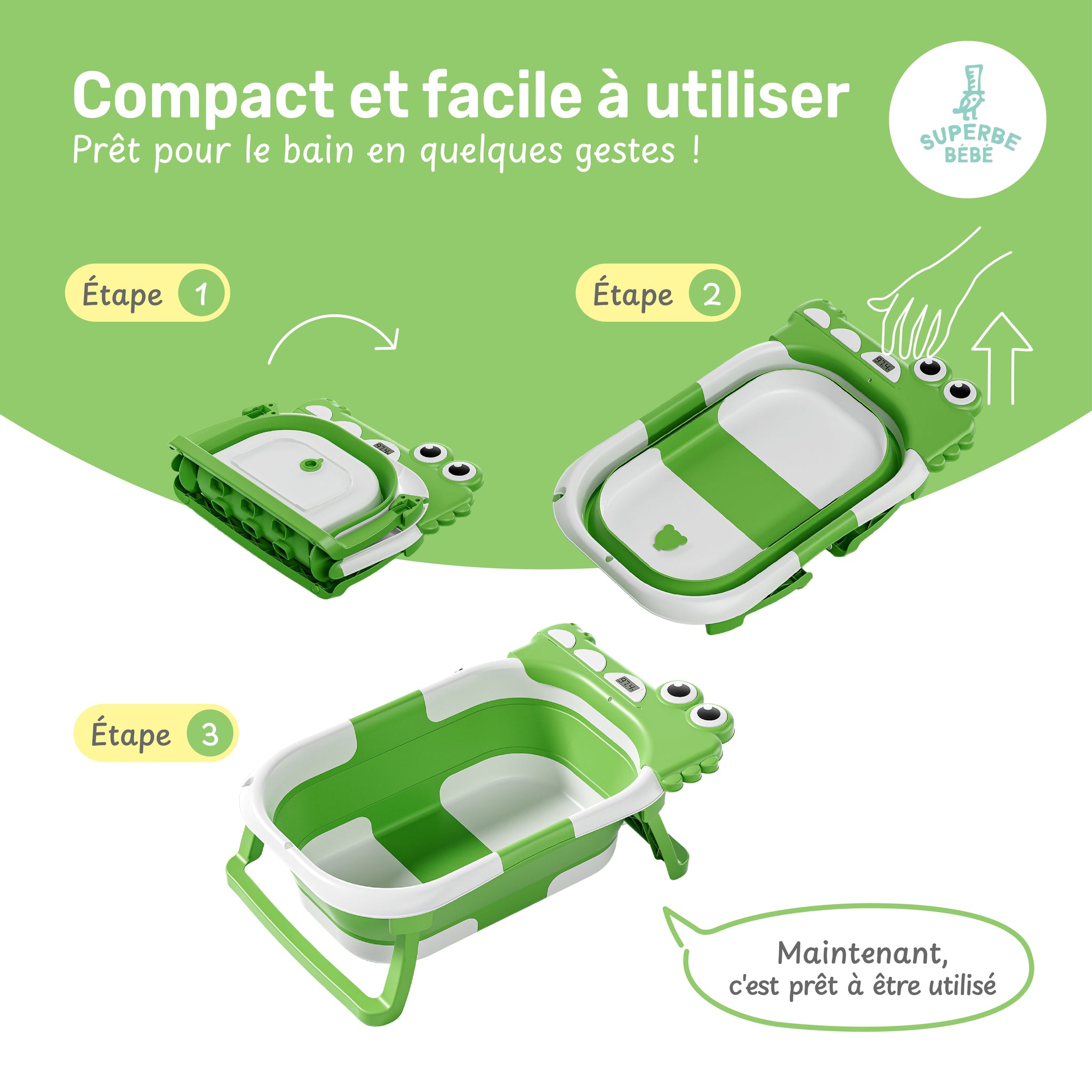 Baignoire bébé pliable compacte DINO – Coussin & thermomètre inclus
