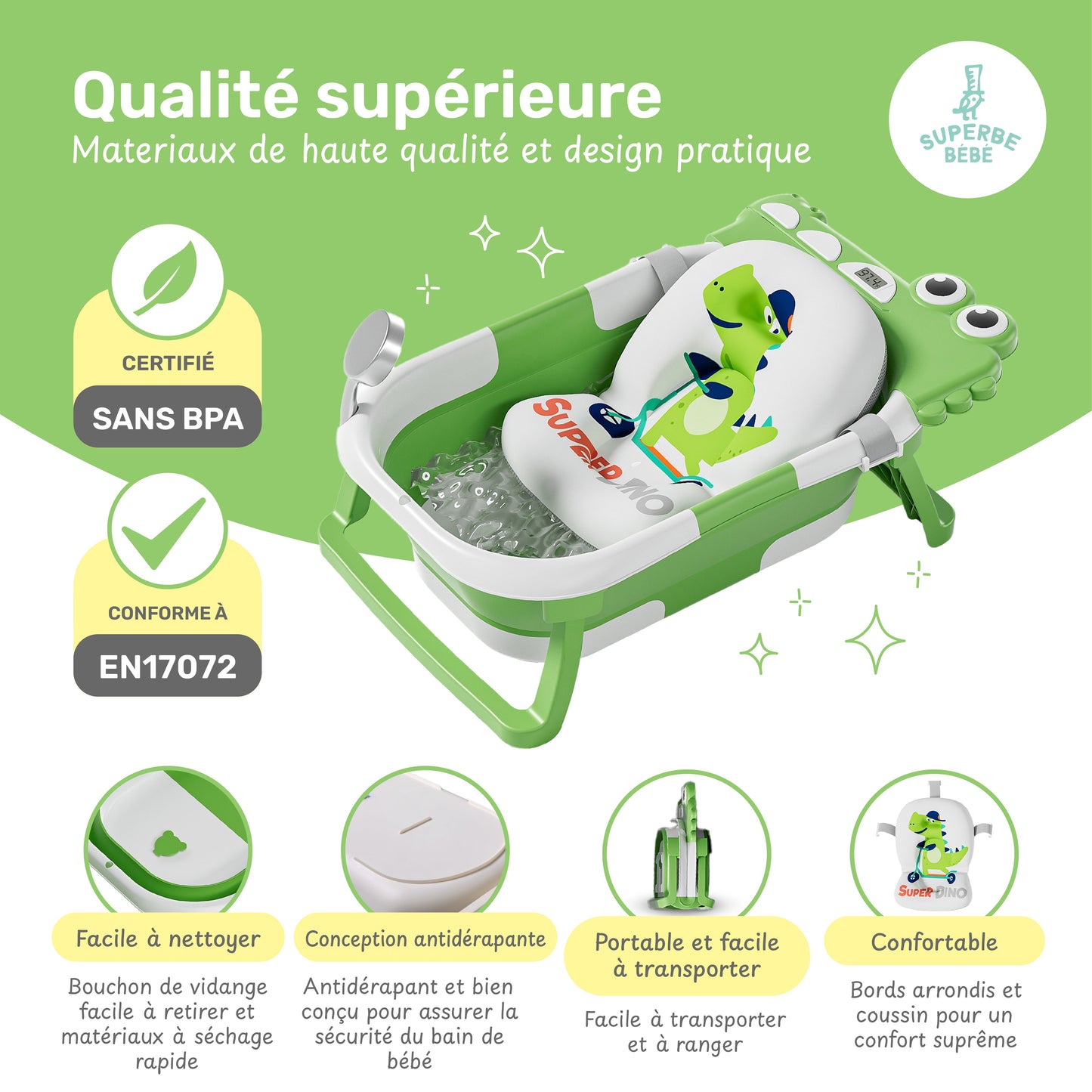 Baignoire bébé pliable compacte DINO – Coussin & thermomètre inclus