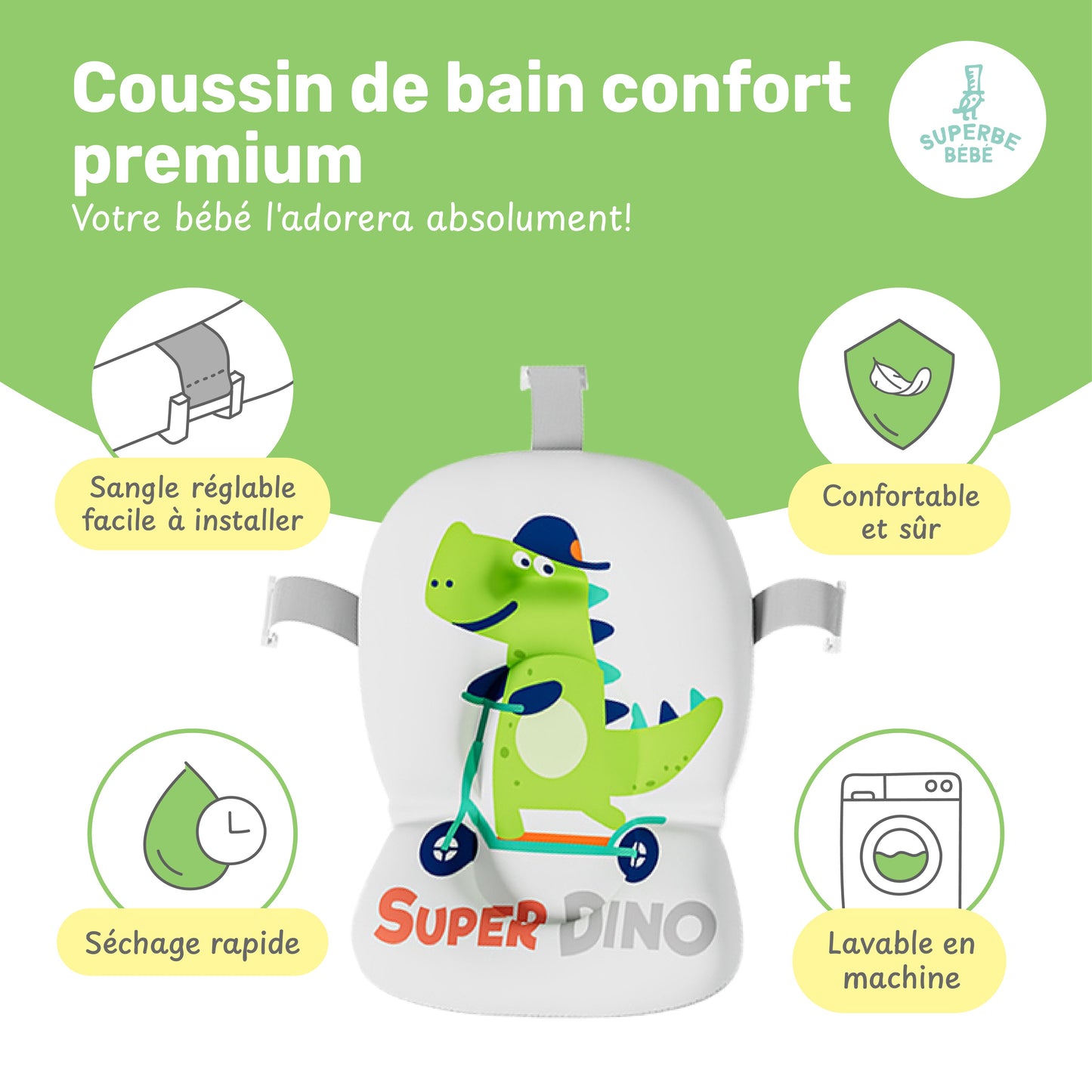 Baignoire bébé pliable compacte DINO – Coussin & thermomètre inclus