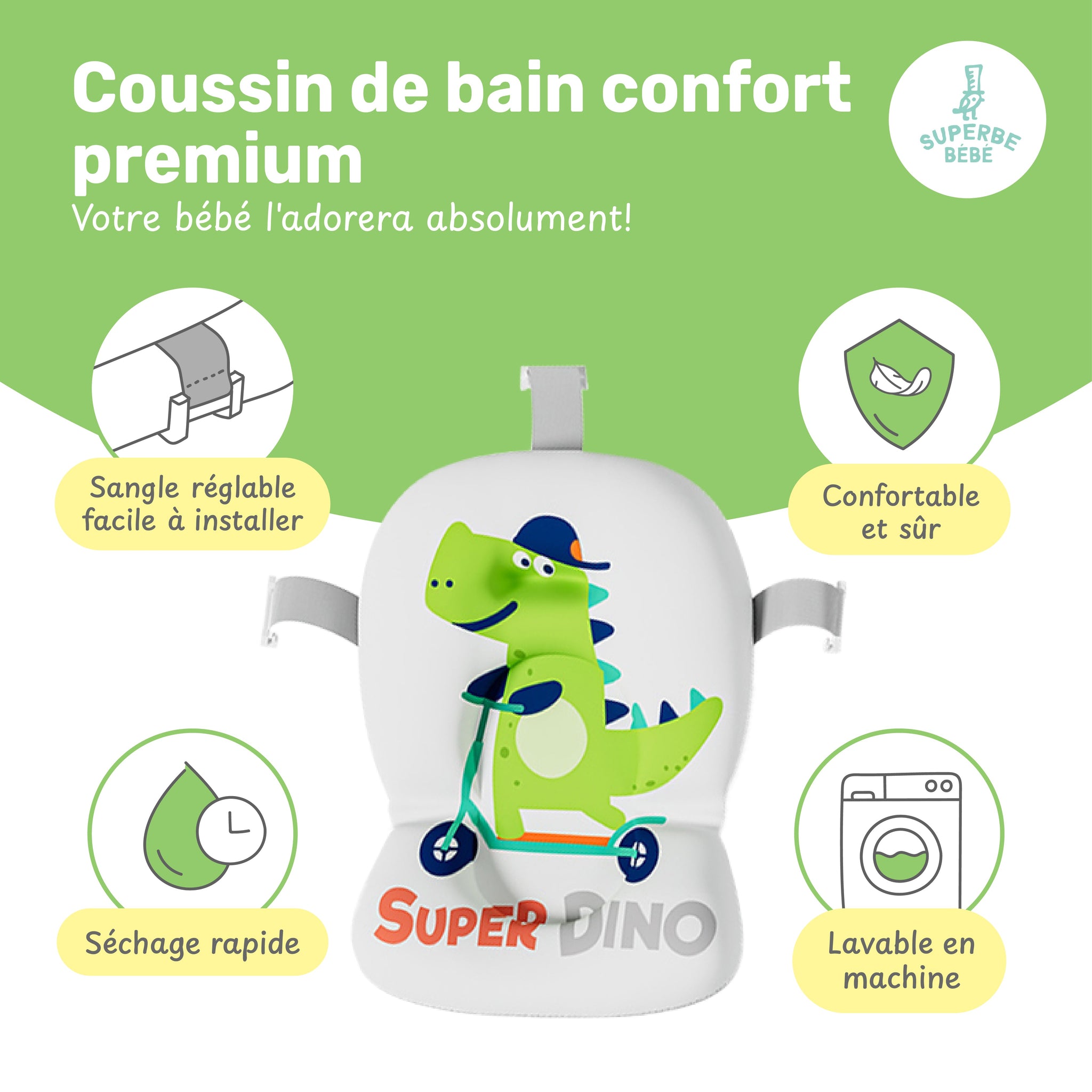 Baignoire bébé pliable compacte DINO – Coussin & thermomètre inclus