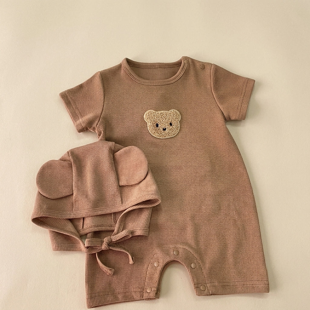 Ensemble Barboteuse + Bonnet Bébé Ourson