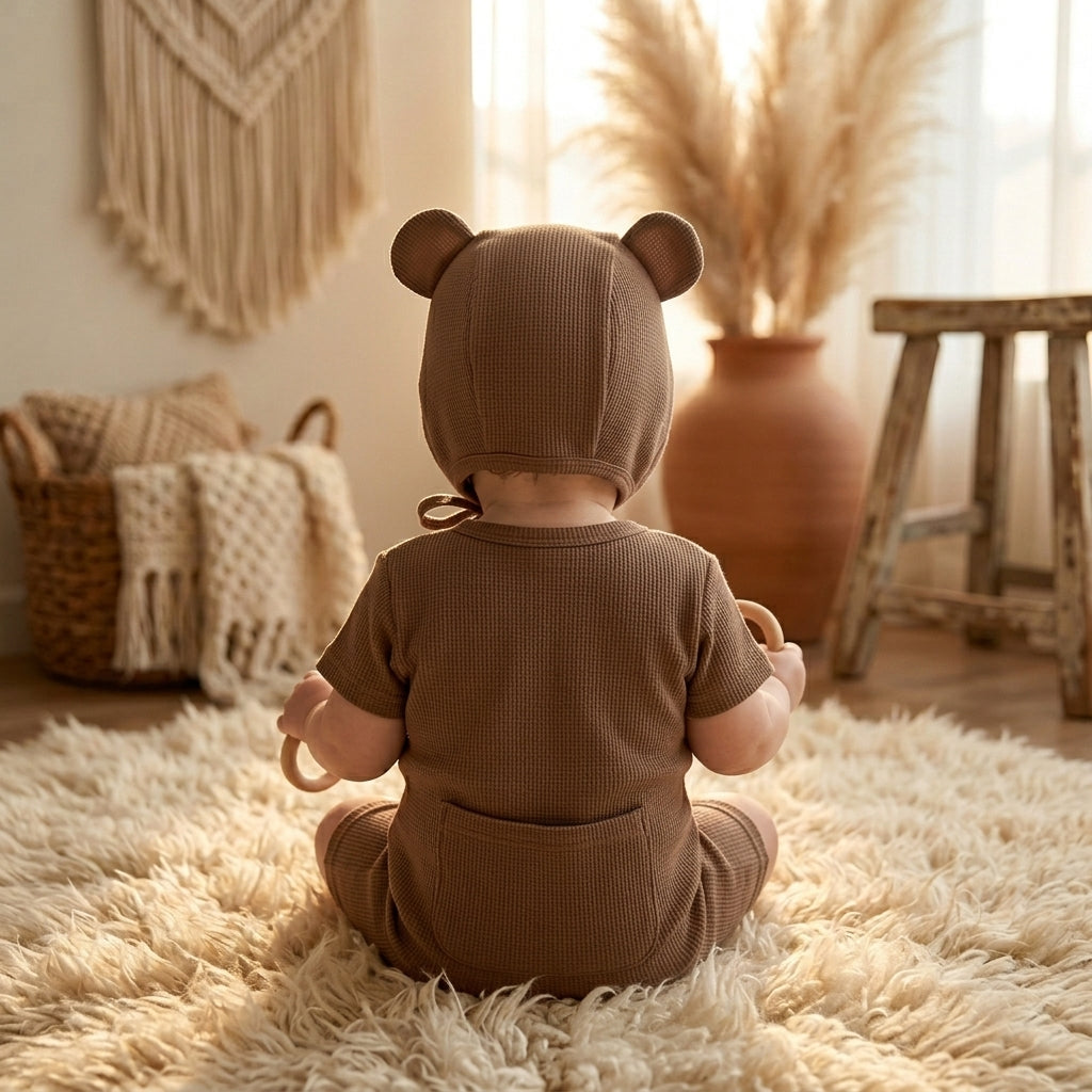 Ensemble Barboteuse + Bonnet Bébé Ourson