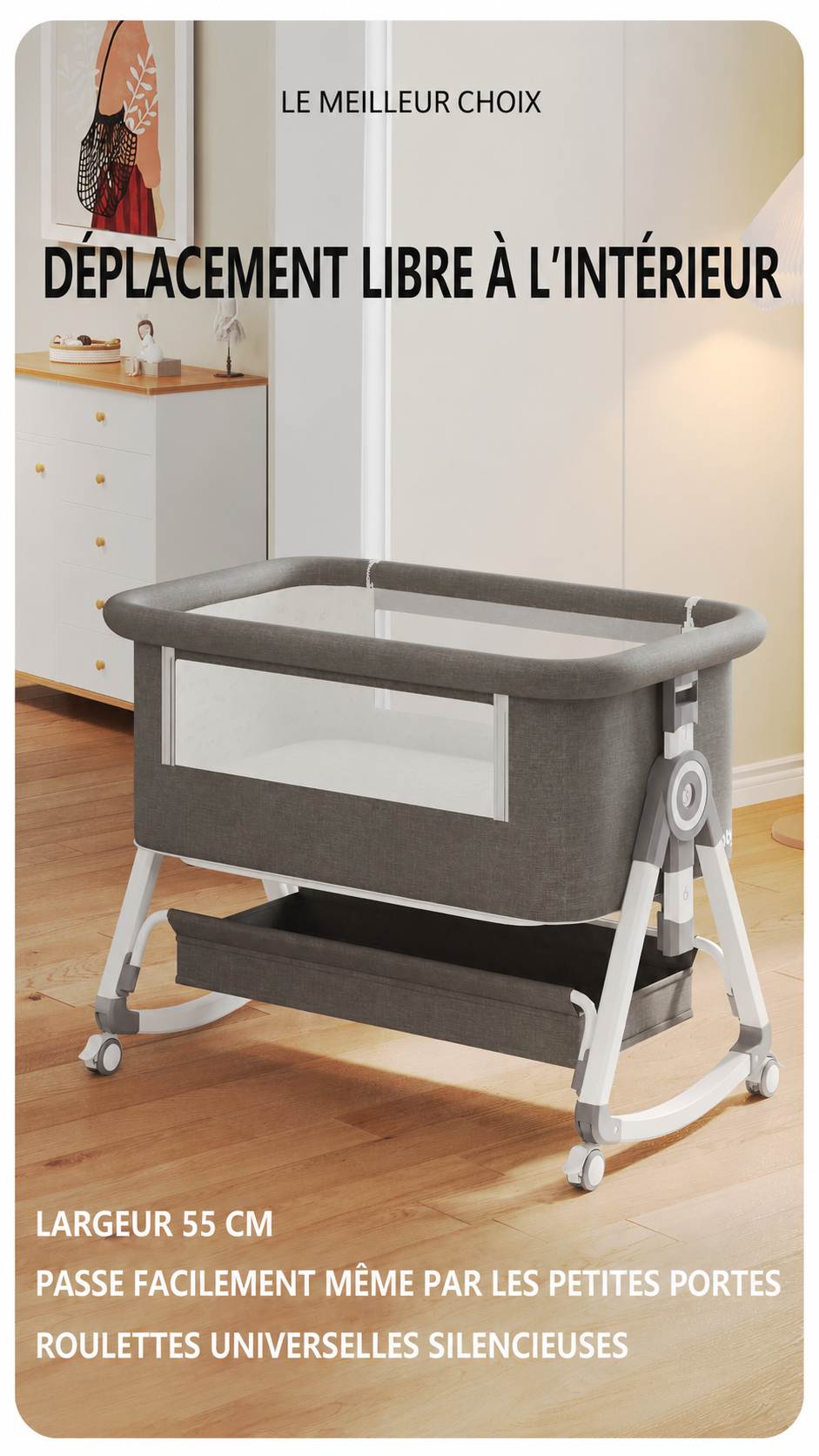 3-in-1 Baby Bedside Sleeper with Wheels for Babies 0-36 Months