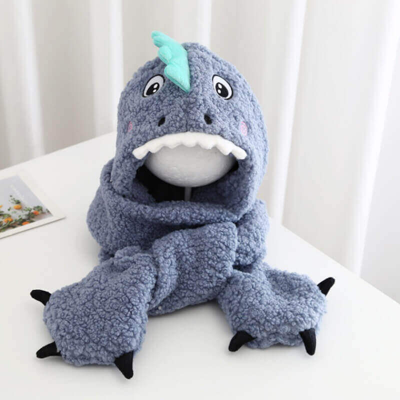 Set Invernale in Peluche DinoCozy™ 3-in-1 (Cappello con Cappuccio, Sciarpa e Tasche)