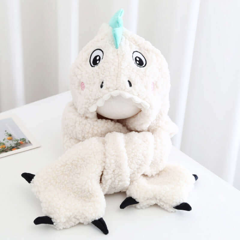 Set Invernale in Peluche DinoCozy™ 3-in-1 (Cappello con Cappuccio, Sciarpa e Tasche)