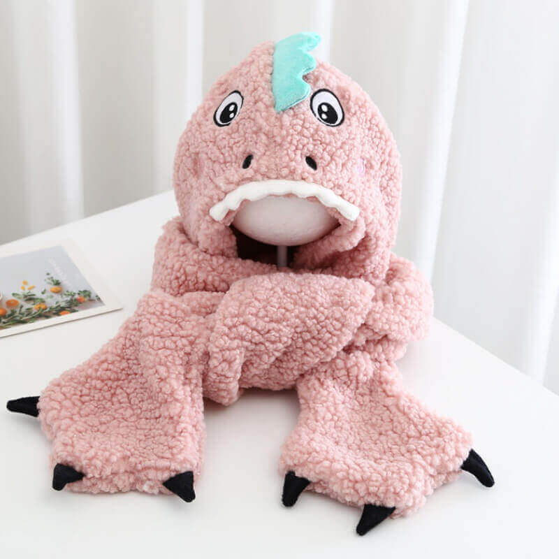 Set Invernale in Peluche DinoCozy™ 3-in-1 (Cappello con Cappuccio, Sciarpa e Tasche)
