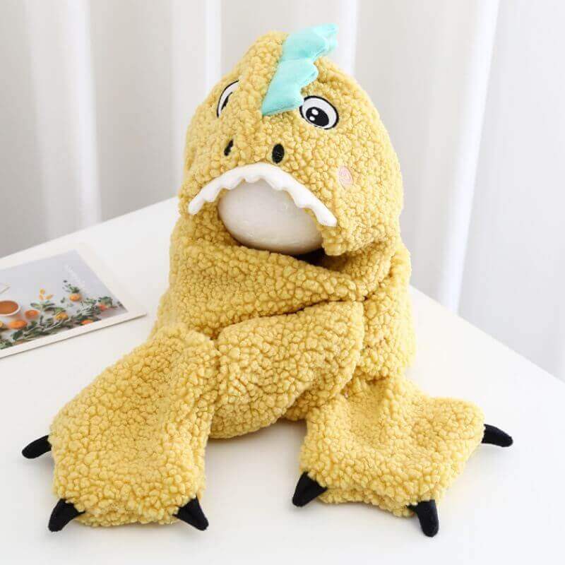 Set Invernale in Peluche DinoCozy™ 3-in-1 (Cappello con Cappuccio, Sciarpa e Tasche)