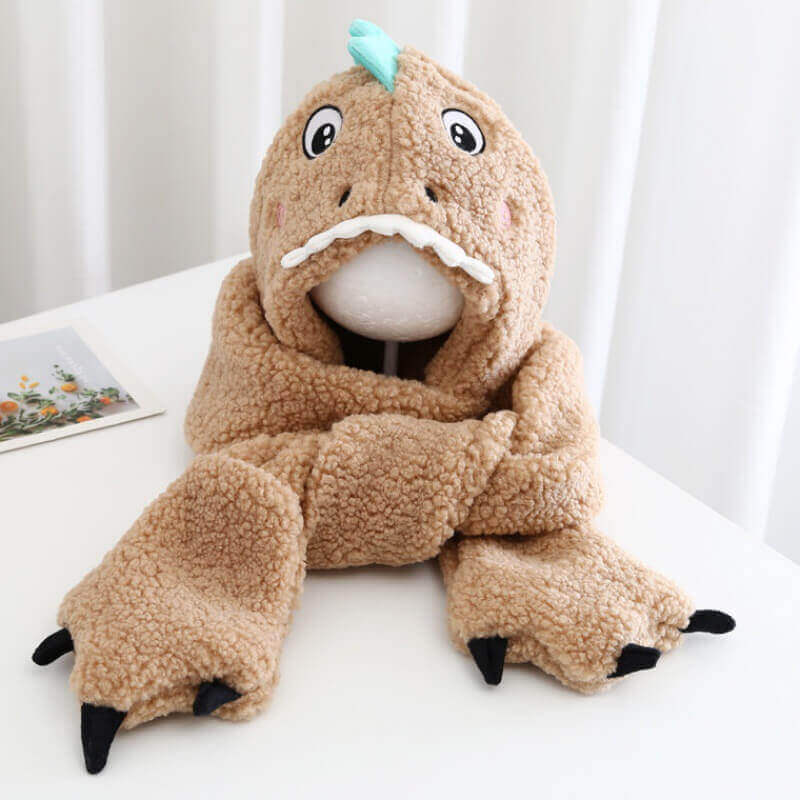 Set Invernale in Peluche DinoCozy™ 3-in-1 (Cappello con Cappuccio, Sciarpa e Tasche)