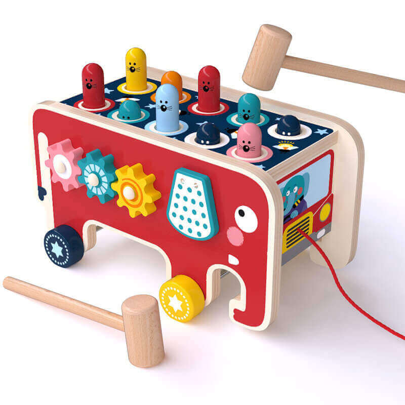 Wooden Pounding Safari Bus (2-in-1 Montessori Toy)