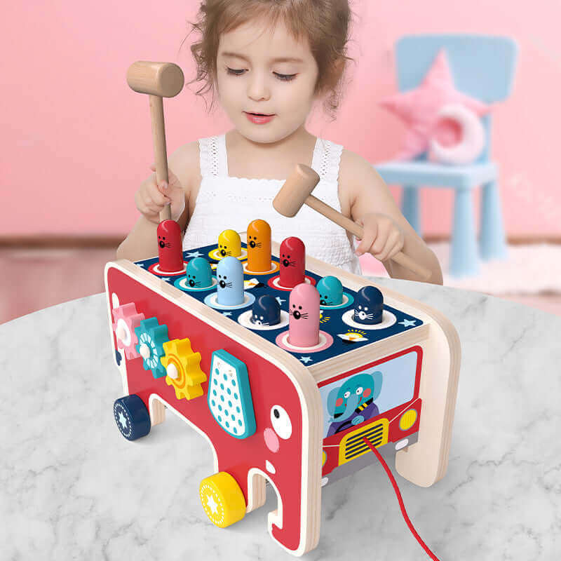 Wooden Pounding Safari Bus (2-in-1 Montessori Toy)