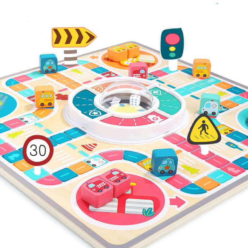 Jeu d'Échecs Volant et de Circulation 2-en-1 en Bois (Jeu de Société Familial)