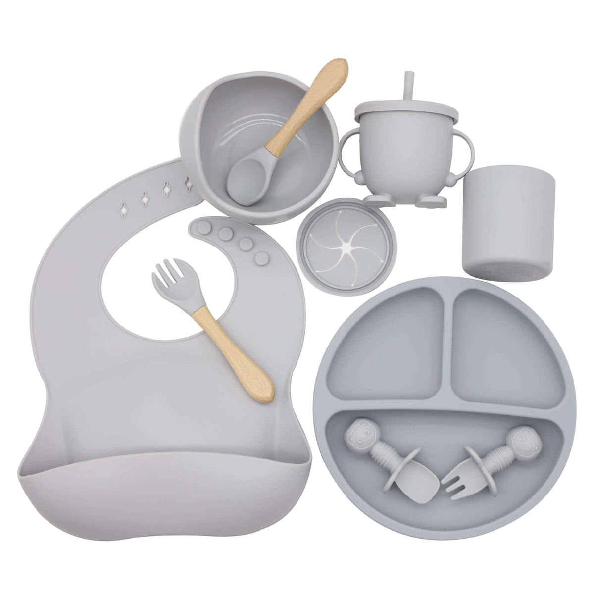 Set di alimentazione in silicone NobleTots™ Ultimate da 7 pezzi (piatto con ventosa, ciotola, bavaglino e tazza 2 in 1)