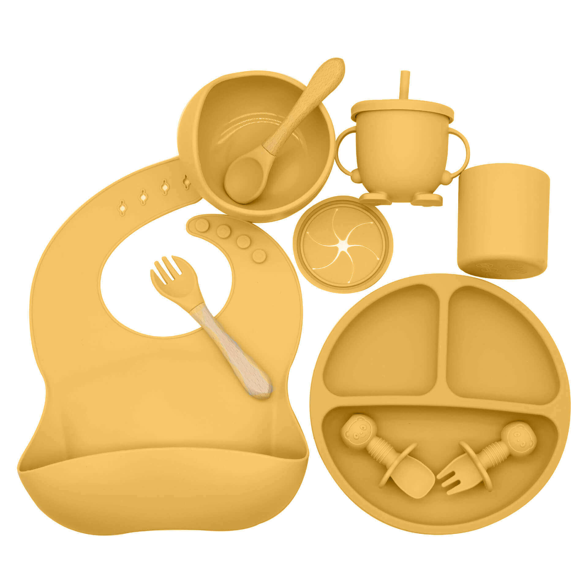Set di alimentazione in silicone NobleTots™ Ultimate da 7 pezzi (piatto con ventosa, ciotola, bavaglino e tazza 2 in 1)