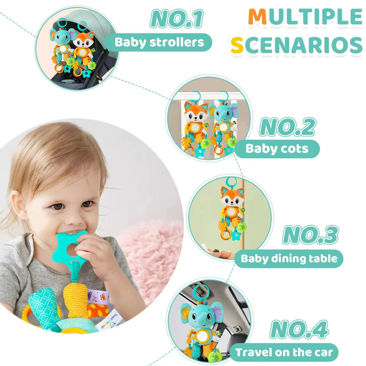 Jouet d'apprentissage sensoriel froissé et grinçant, doux, suspendu, poussette, siège de voiture, berceau, voyage, Animal en peluche, carillon éolien avec anneau de dentition, garçons et filles