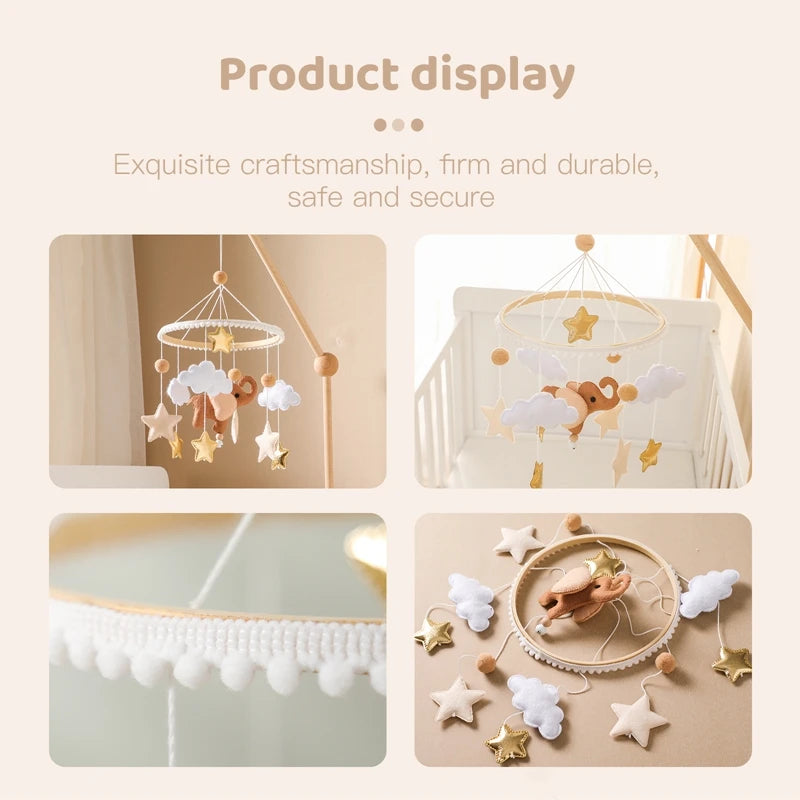 Mobile musical pour lit de bébé en bois, hochets en feutre doux, animaux de dessin animé, boîte à musique pour nouveau-né, jouet suspendu, support de lit, cadeaux pour bébé