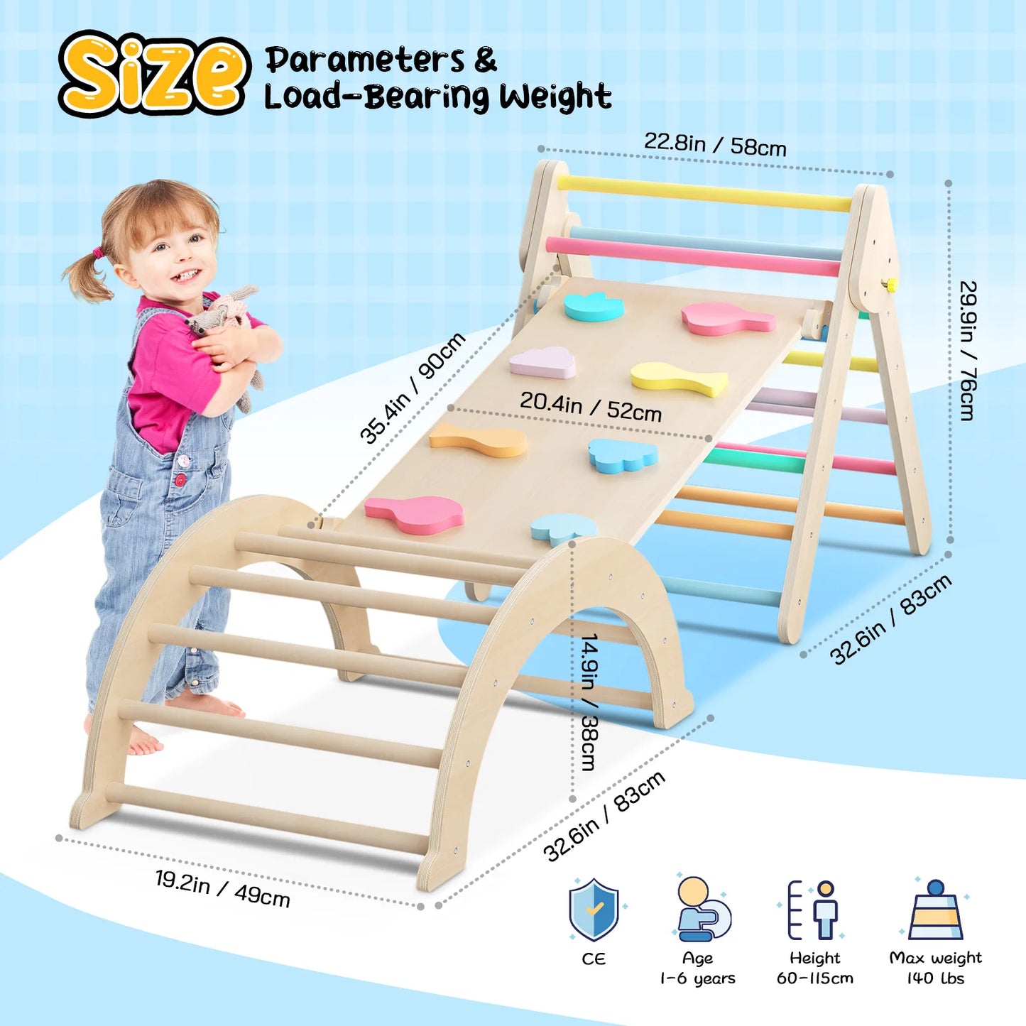 RainbowPeak 5-in-1 Montessori Baby Play Area – Wooden Climbing Triangle with Arch and Slide