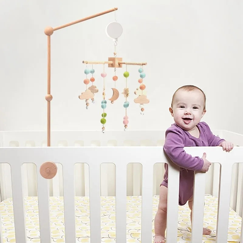 Mobile musical pour lit de bébé en bois, hochets en feutre doux, animaux de dessin animé, boîte à musique pour nouveau-né, jouet suspendu, support de lit, cadeaux pour bébé