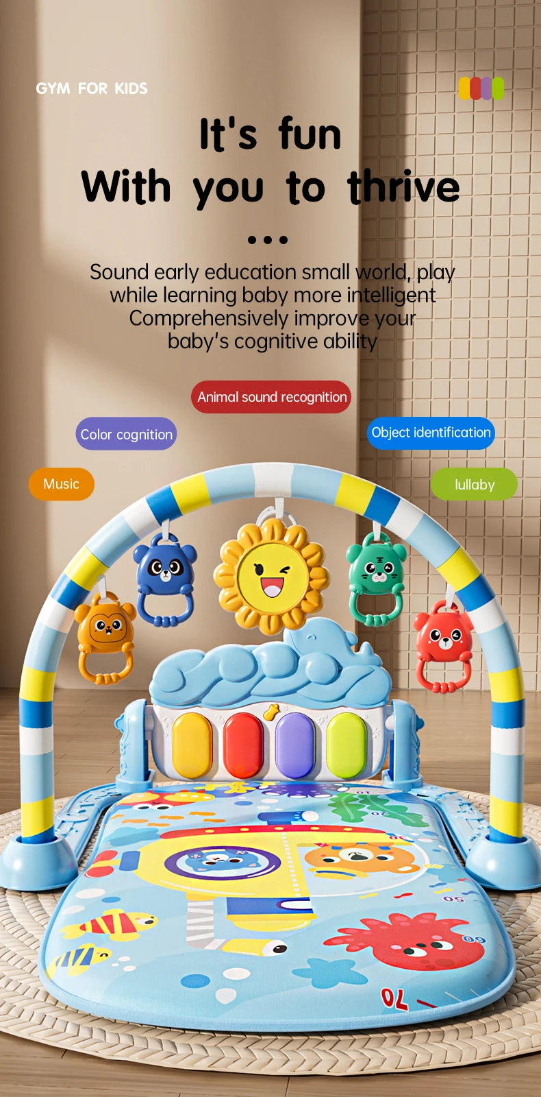 Tapis d'éveil musical et lumineux pour bébé, avec 5 jouets sensoriels détachables, tapis piano à pédales, tapis de jeu pour le temps sur le ventre, montage facile