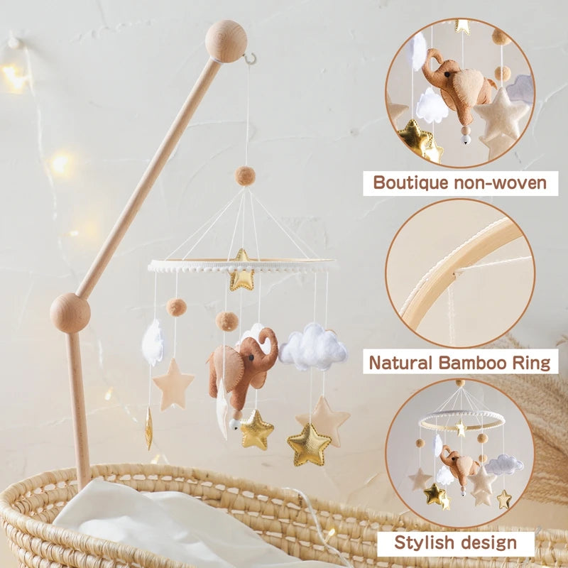 Mobile musical pour lit de bébé en bois, hochets en feutre doux, animaux de dessin animé, boîte à musique pour nouveau-né, jouet suspendu, support de lit, cadeaux pour bébé