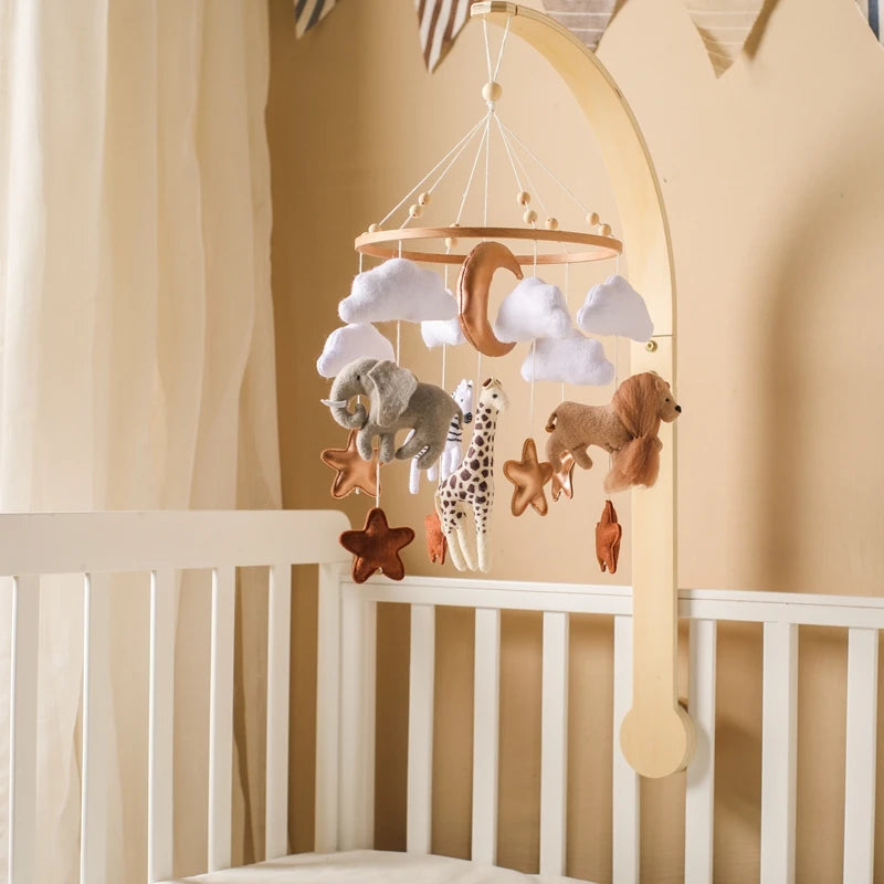 Mobile musical pour lit de bébé en bois, hochets en feutre doux, animaux de dessin animé, boîte à musique pour nouveau-né, jouet suspendu, support de lit, cadeaux pour bébé
