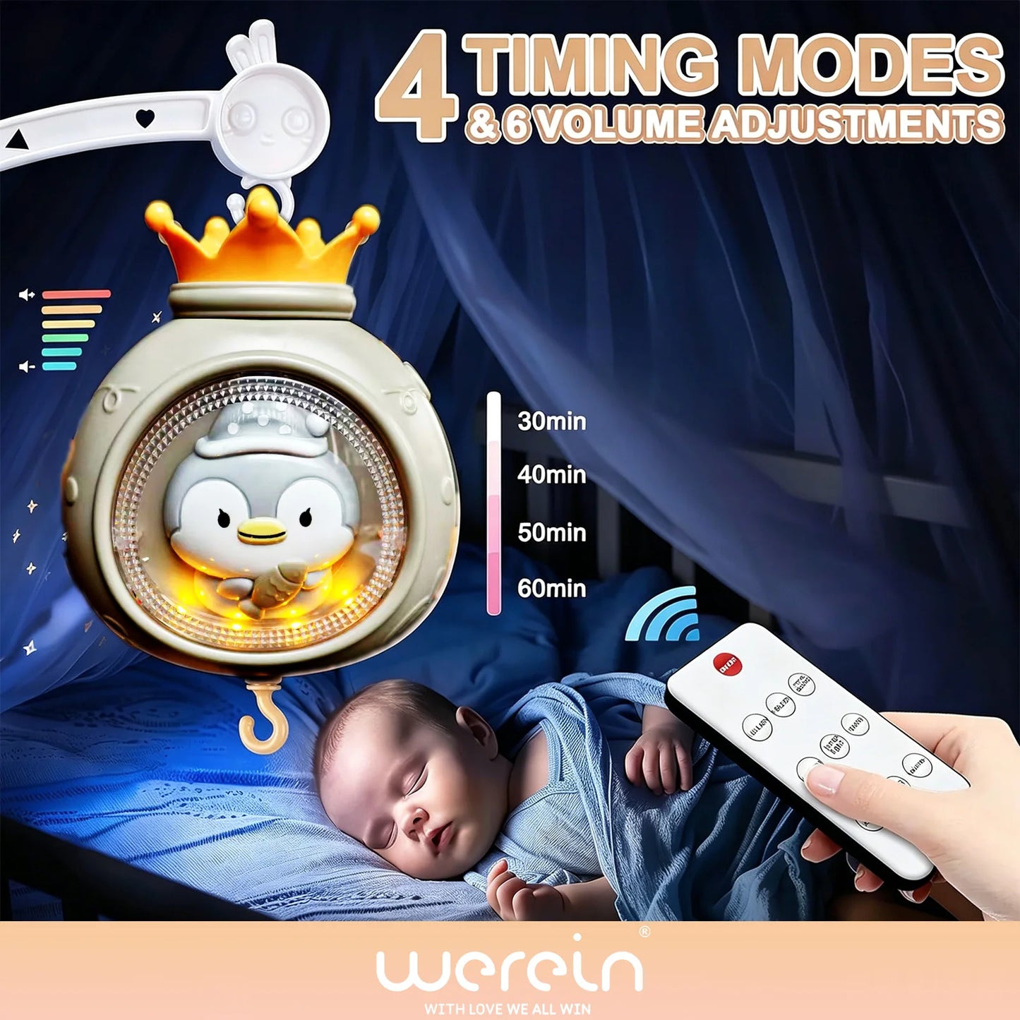 Mobile musical pour berceau de bébé Werein avec télécommande, projection, veilleuse douce, berceuse et jouet suspendu rotatif