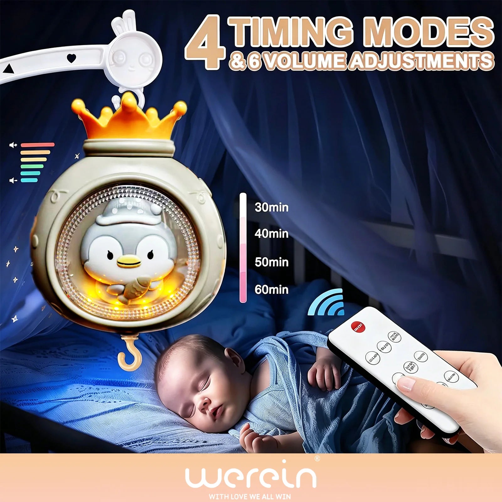Mobile musical pour berceau de bébé Werein avec télécommande, projection, veilleuse douce, berceuse et jouet suspendu rotatif