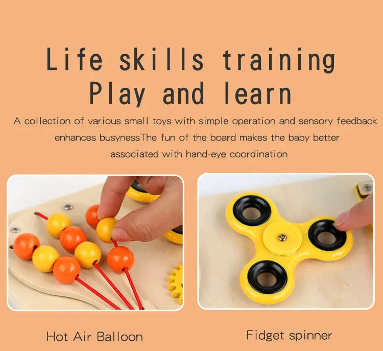 Busy board montgolfière Montessori – jouet sensoriel en bois