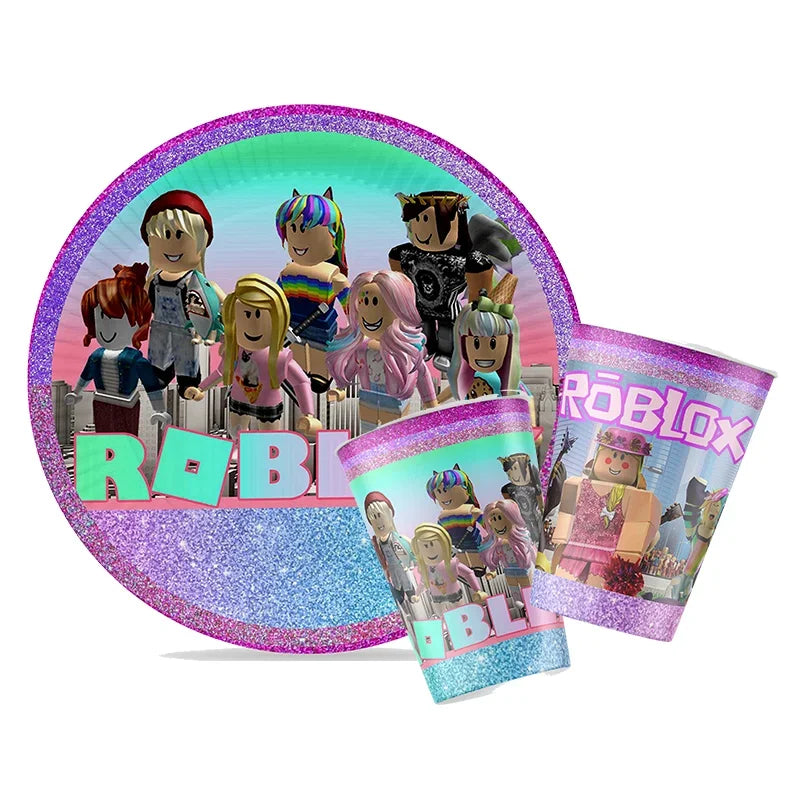 Décoration d'anniversaire Roblox fille – bannière et ballons rose/violet