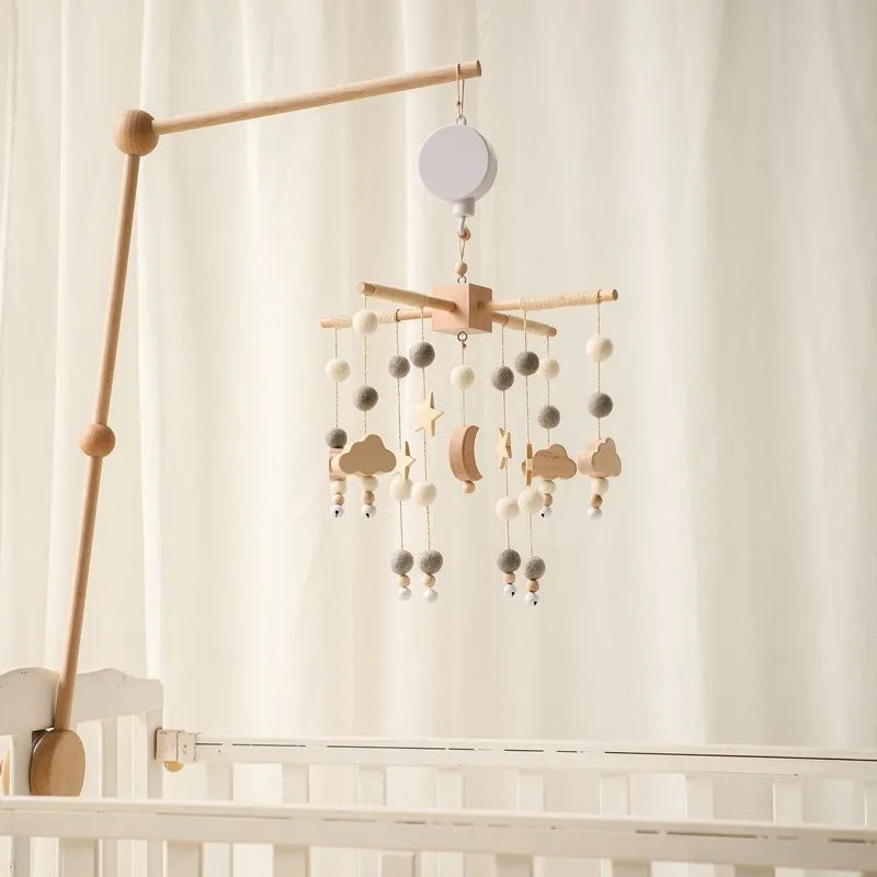 Mobile musical pour lit de bébé en bois, hochets en feutre doux, animaux de dessin animé, boîte à musique pour nouveau-né, jouet suspendu, support de lit, cadeaux pour bébé