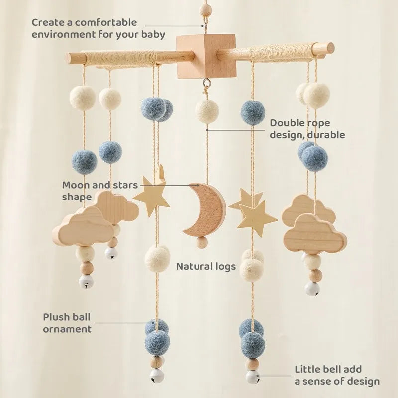 Mobile musical pour lit de bébé en bois, hochets en feutre doux, animaux de dessin animé, boîte à musique pour nouveau-né, jouet suspendu, support de lit, cadeaux pour bébé