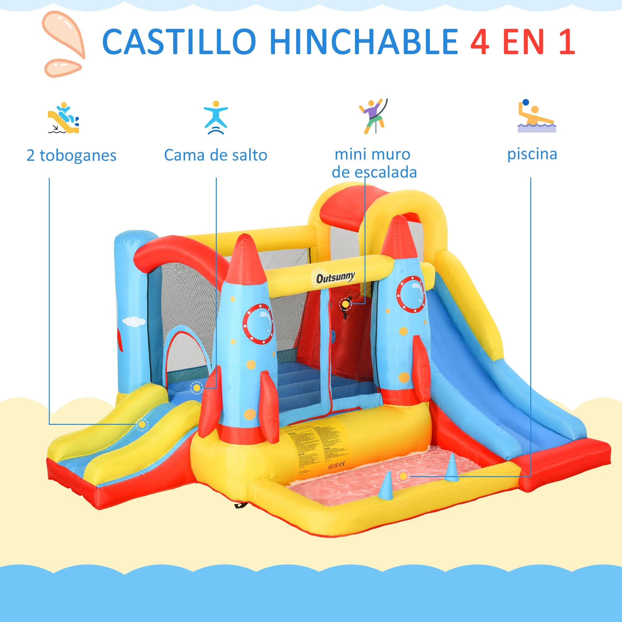 Outsunny 4-in-1 Inflatable Bouncer with Trampoline, Pool, Climbing Wall, and 2 Slides