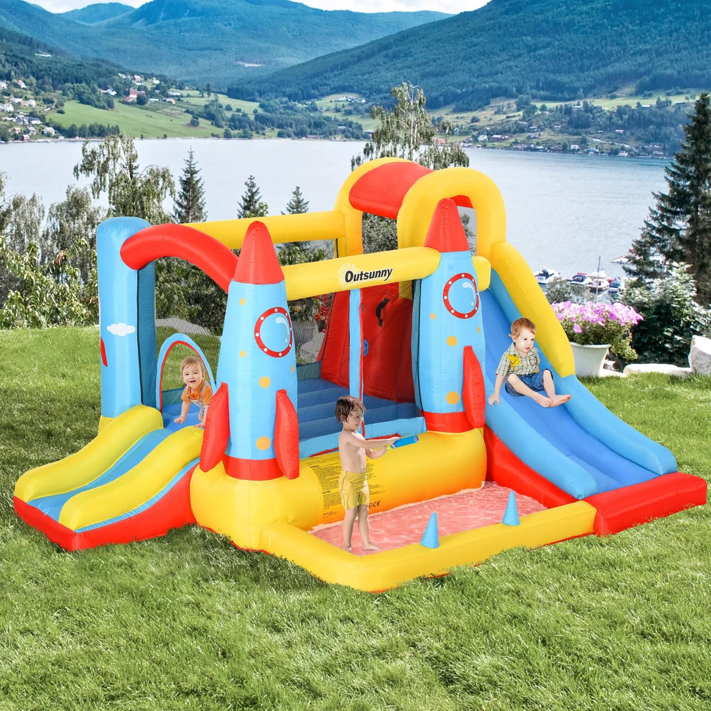 Outsunny 4-in-1 Inflatable Bouncer with Trampoline, Pool, Climbing Wall, and 2 Slides
