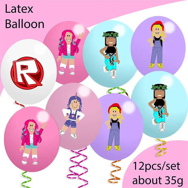 Décoration d'anniversaire Roblox fille – bannière et ballons rose/violet