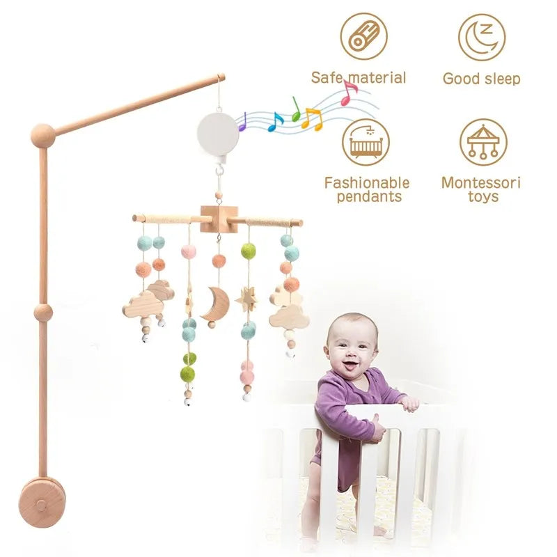 Mobile musical pour lit de bébé en bois, hochets en feutre doux, animaux de dessin animé, boîte à musique pour nouveau-né, jouet suspendu, support de lit, cadeaux pour bébé