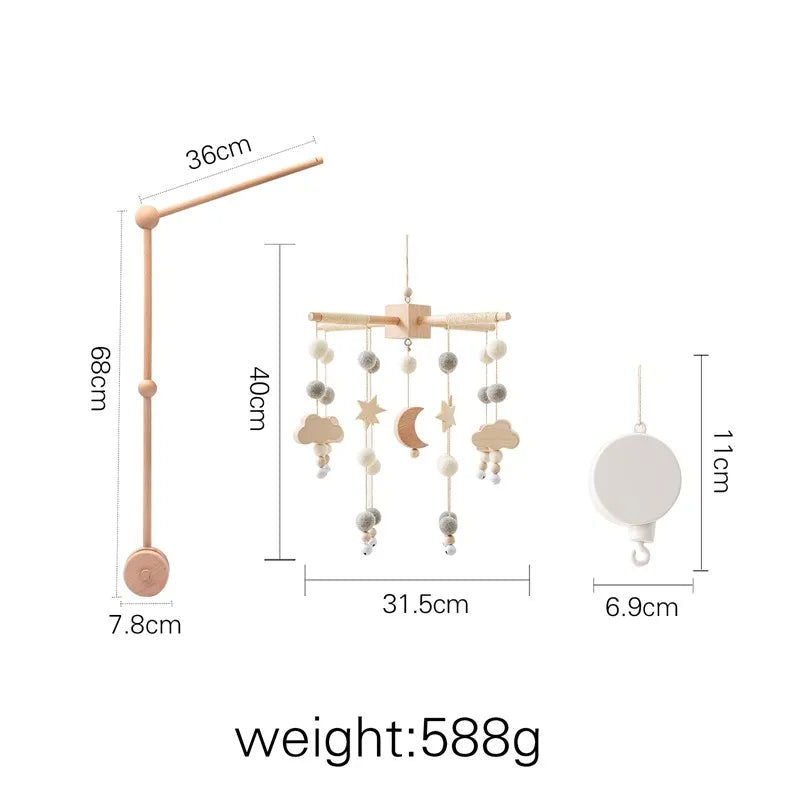 Mobile musical pour lit de bébé en bois, hochets en feutre doux, animaux de dessin animé, boîte à musique pour nouveau-né, jouet suspendu, support de lit, cadeaux pour bébé