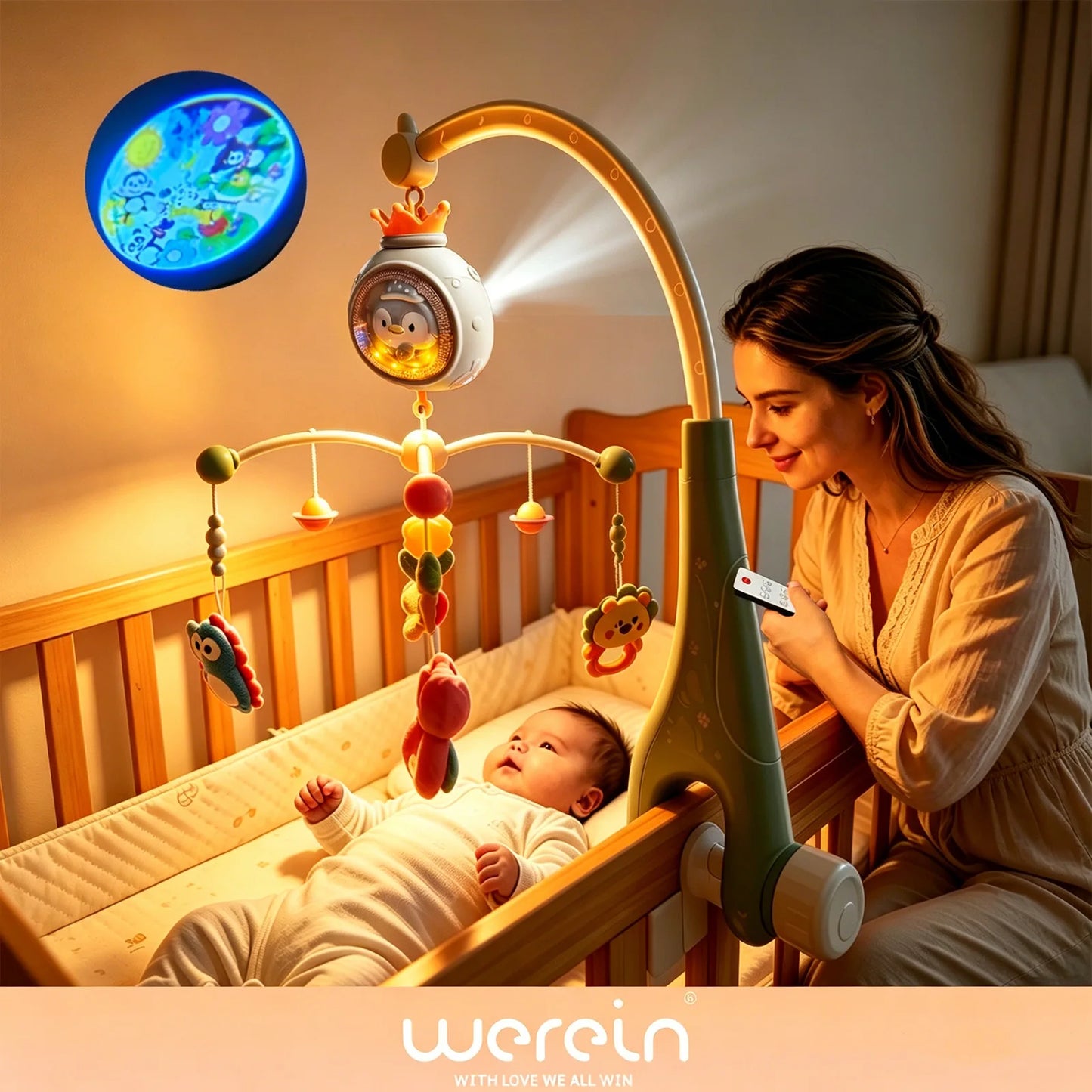Mobile musical pour berceau de bébé Werein avec télécommande, projection, veilleuse douce, berceuse et jouet suspendu rotatif
