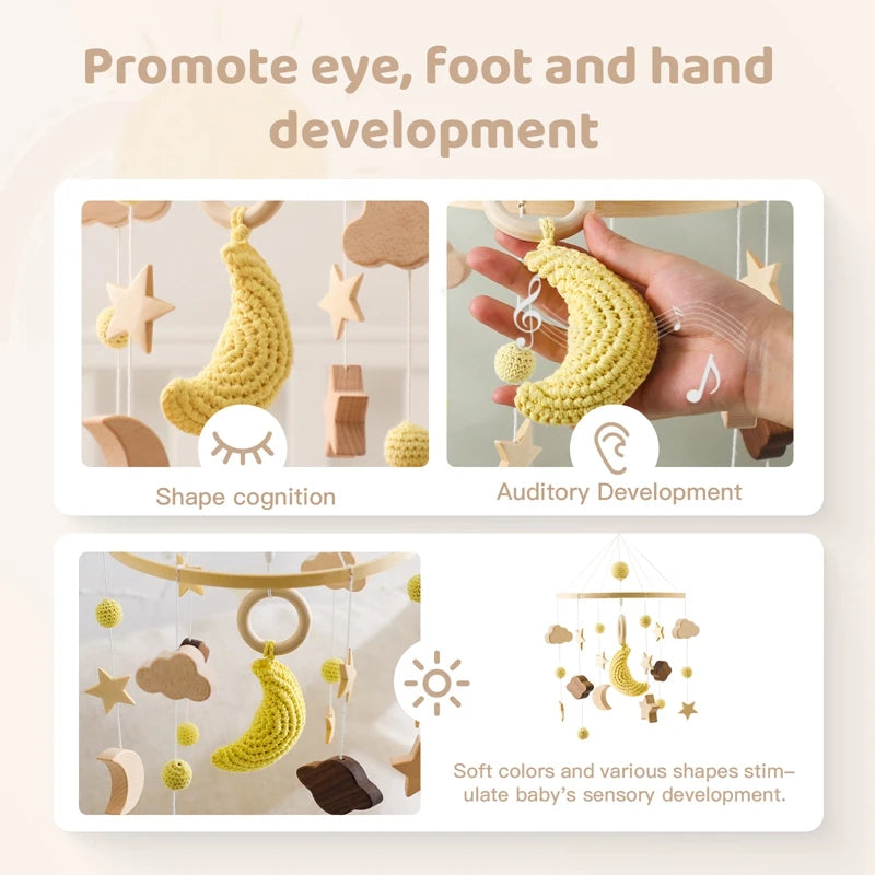 Mobile musical pour lit de bébé en bois, hochets en feutre doux, animaux de dessin animé, boîte à musique pour nouveau-né, jouet suspendu, support de lit, cadeaux pour bébé