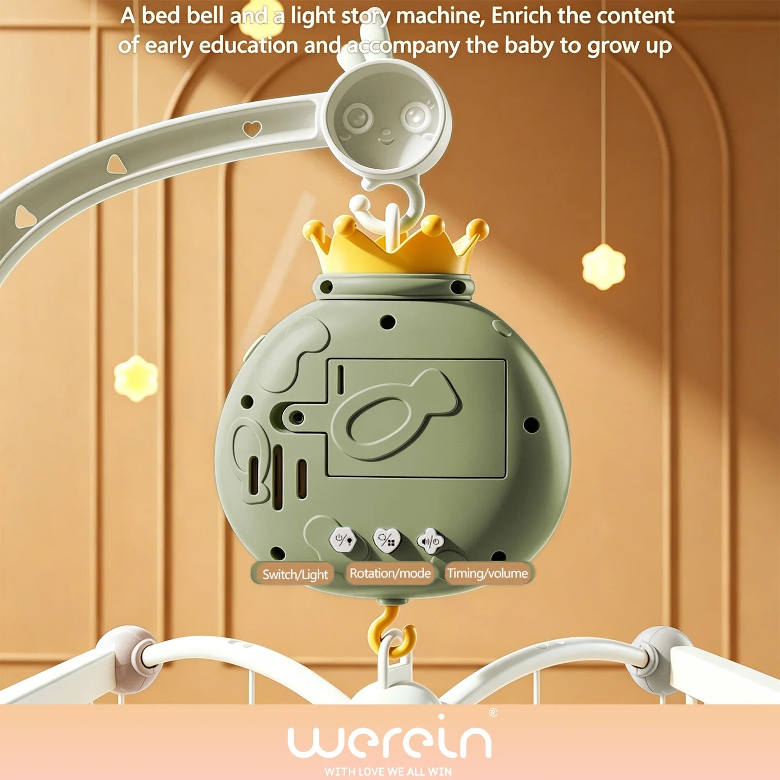 Mobile musical pour berceau de bébé Werein avec télécommande, projection, veilleuse douce, berceuse et jouet suspendu rotatif