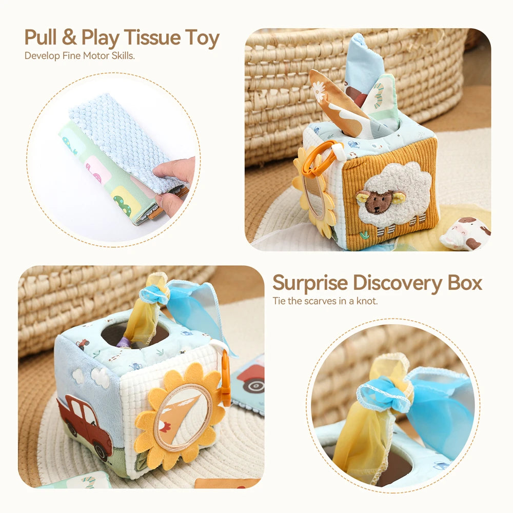 Jouet sensoriel doux pour bébé : livre en tissu, boîte à mouchoirs, couverture de sécurité, cube en peluche, sons froissés, miroir, développement de la motricité fine – 9 styles de jouets