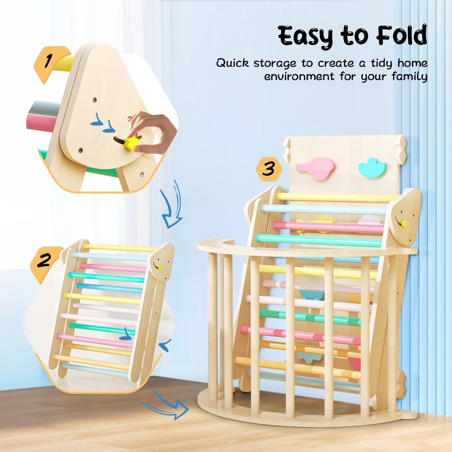 RainbowPeak 5-in-1 Montessori Baby Play Area – Wooden Climbing Triangle with Arch and Slide