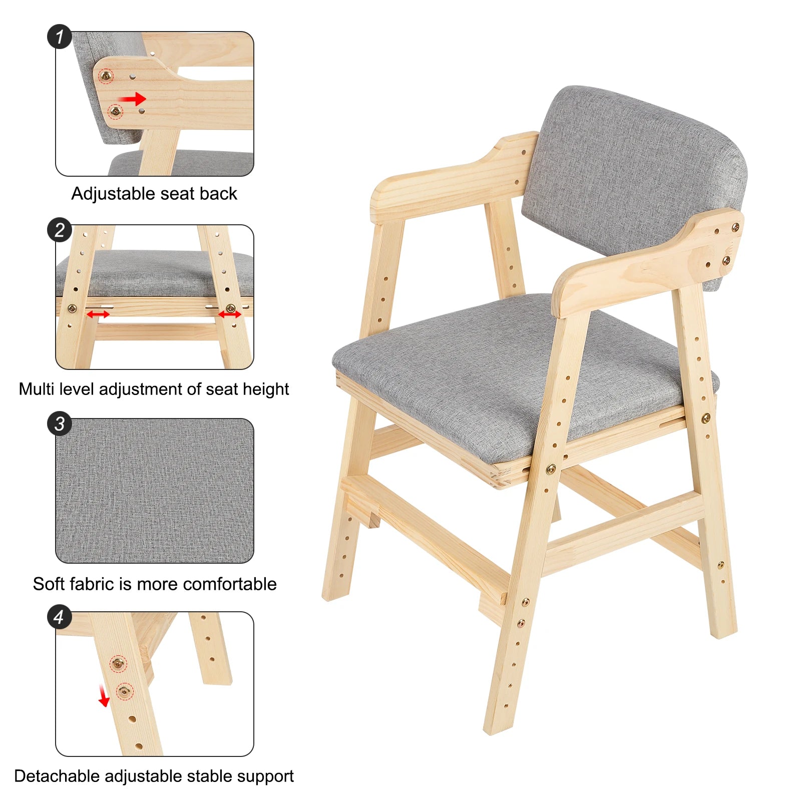 NordicKid Adjustable Wooden High Chair for Children – Montessori Chair Adjustable from 3 to 15 Years