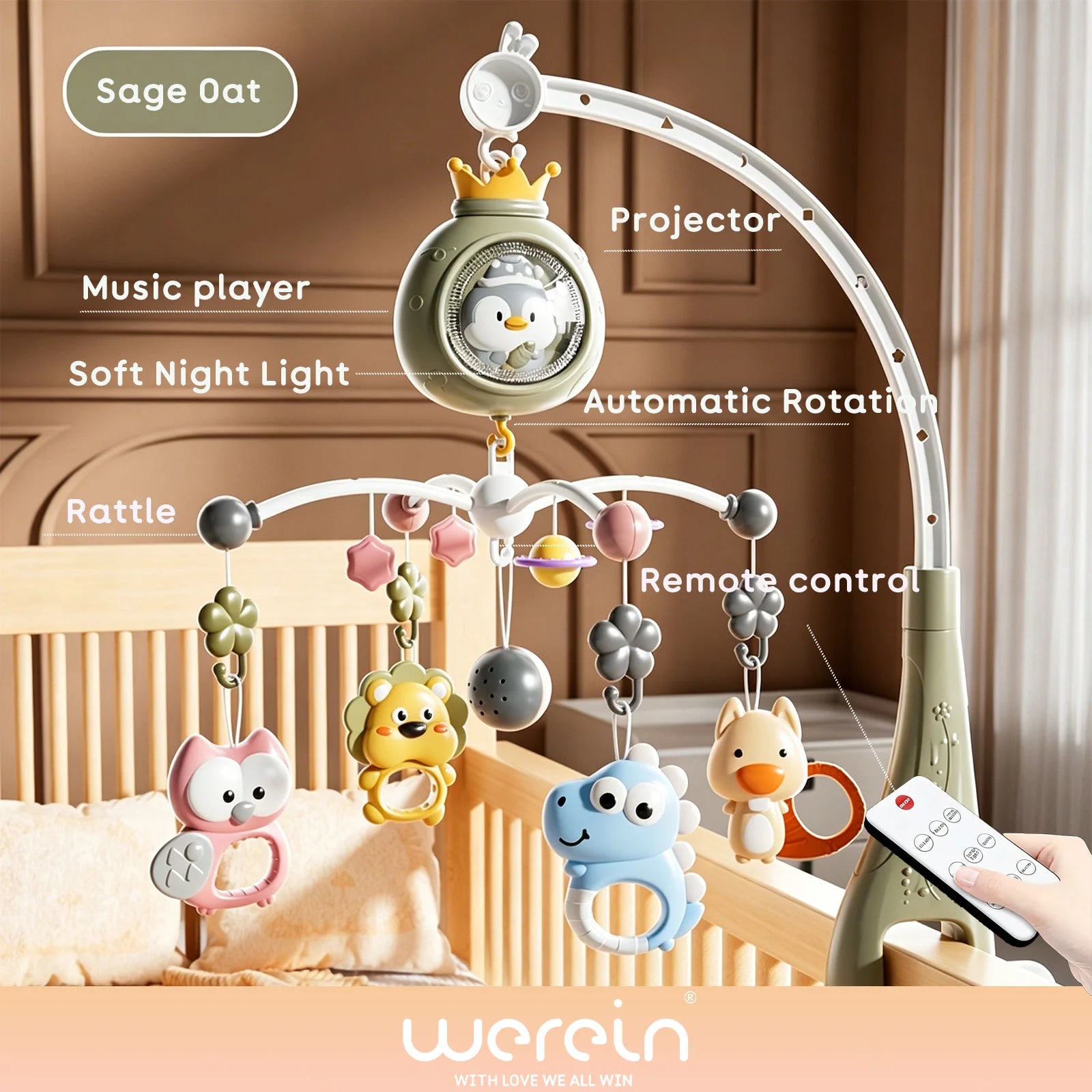 Mobile musical pour berceau de bébé Werein avec télécommande, projection, veilleuse douce, berceuse et jouet suspendu rotatif